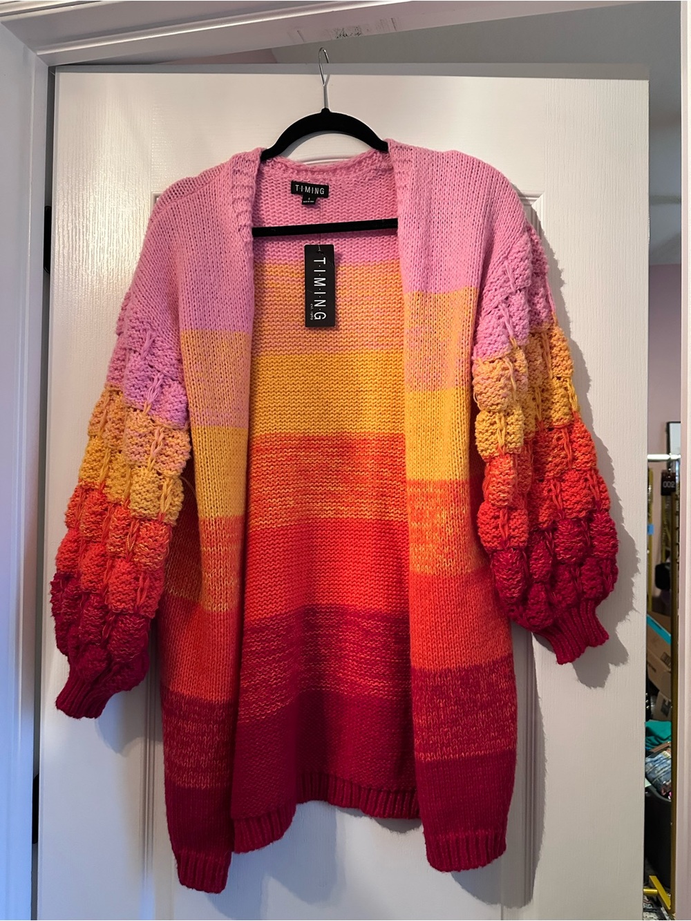 TIMING Pink to Red Gradient Bubble Sleeve Open Cardigan NWT